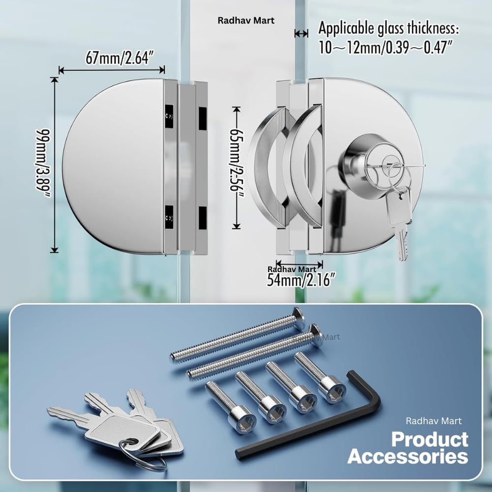 Radhav Mart Heavy Duty 304 Stainless Steel Glass Door Lock for 10-12mm Frameless Glass | No-Drill Anti-Theft Security Lock with 3 Keys & Inside Knob | Satin Finish Center Lock for Office, Shop & Home 1