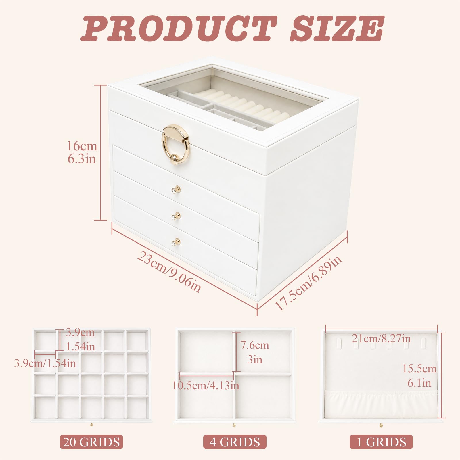 Caja Joyero de 4Niveles con Tapa de Vidrio para Pendientes,Anillos
