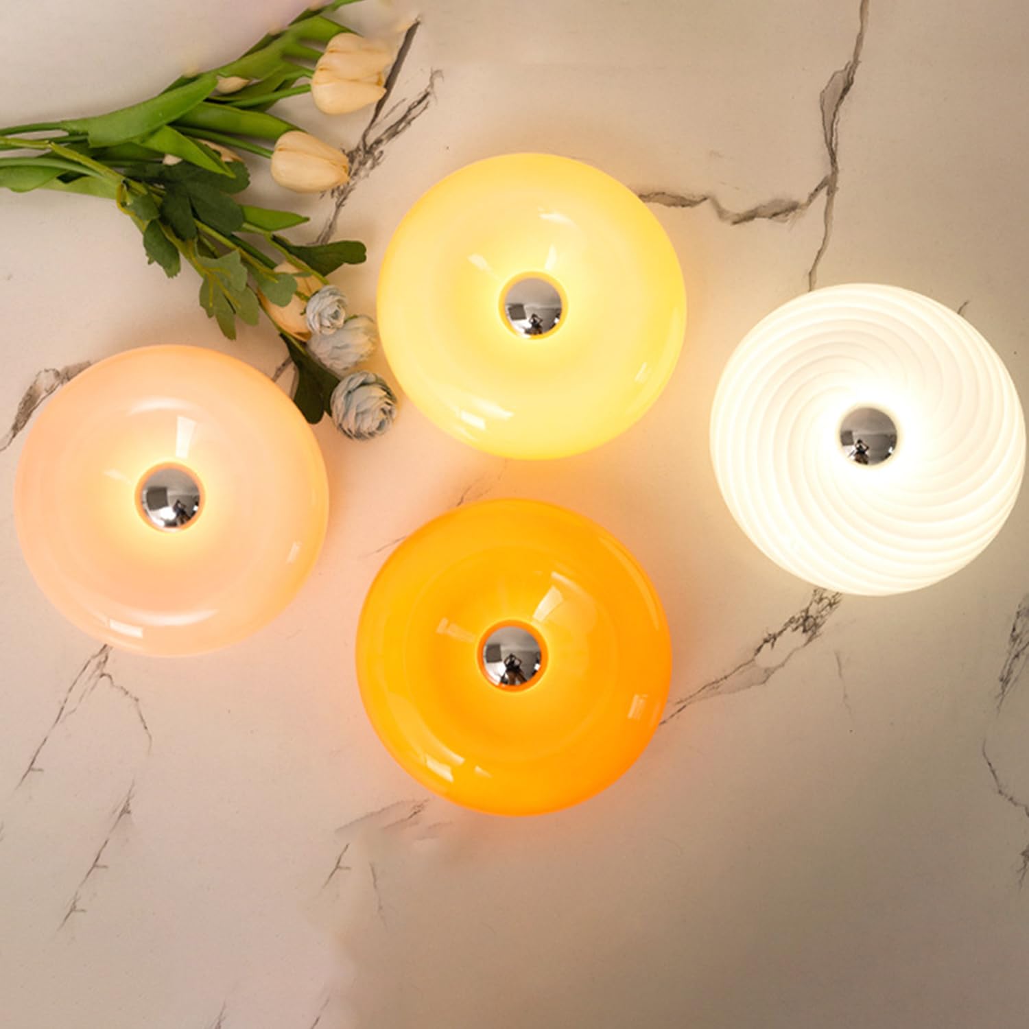 LED Donut Tischlampe Klein Moderne Designleuchte mit Ambientelicht 3 Farbtemperatur Akku USB Aufladbar Tischleuchte mit Touch Dimmbar Nachttischlampe Ohne Kabel Glas Lampenschirm 1800mAh,Orange