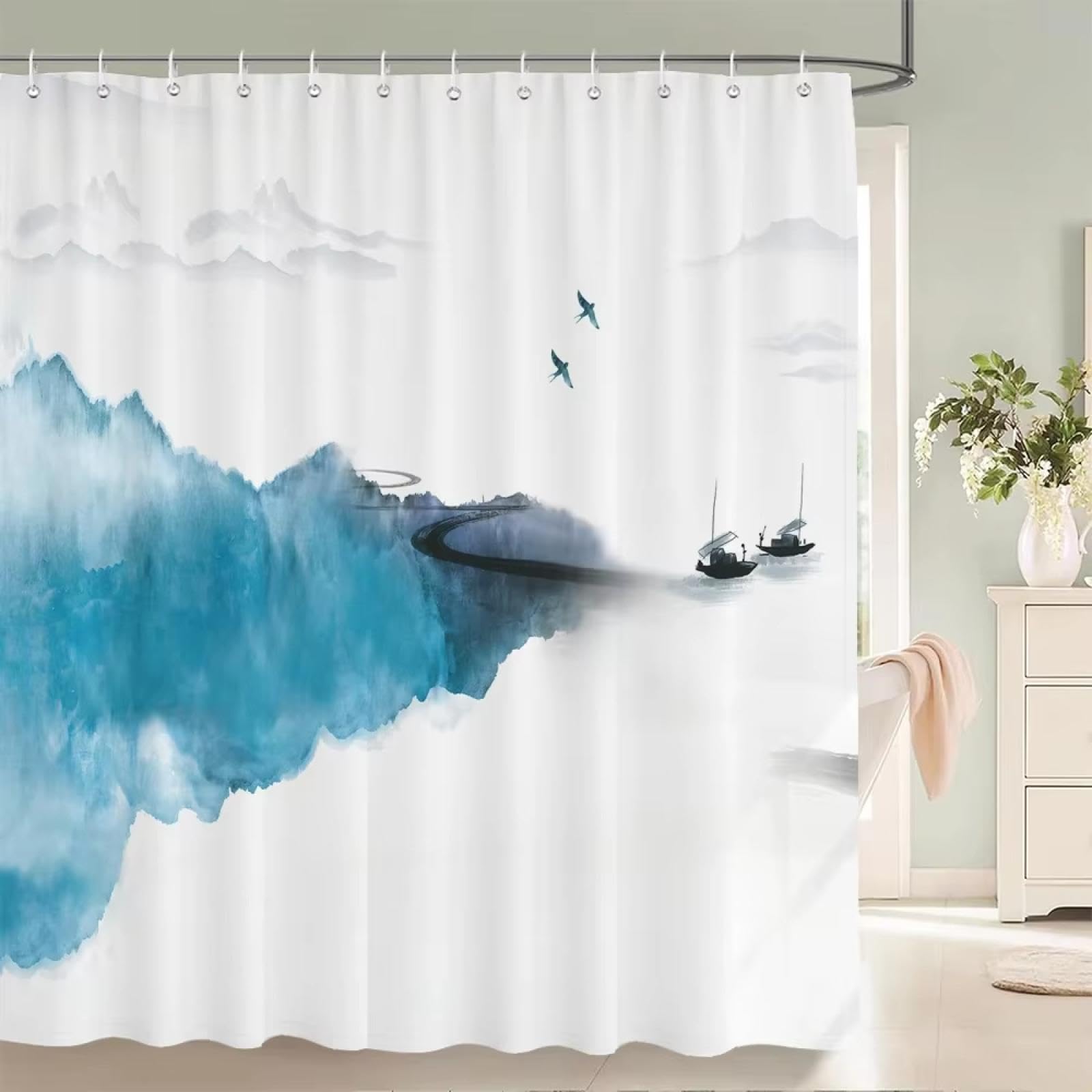 Rideau de douche peinture à l'encre pour une salle de bain zen en polyester