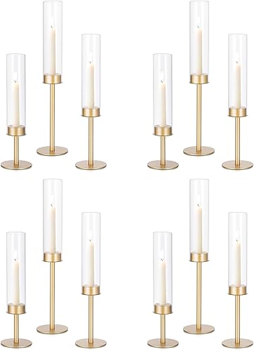 Miniatura 13 de Sostenedor de Vela de Huracán Dorado: Portavelas Cónicos para Centro de Mesa de Vidrio para Bodas, para Mesas de Comedor, Juego de 3 Altos Soportes