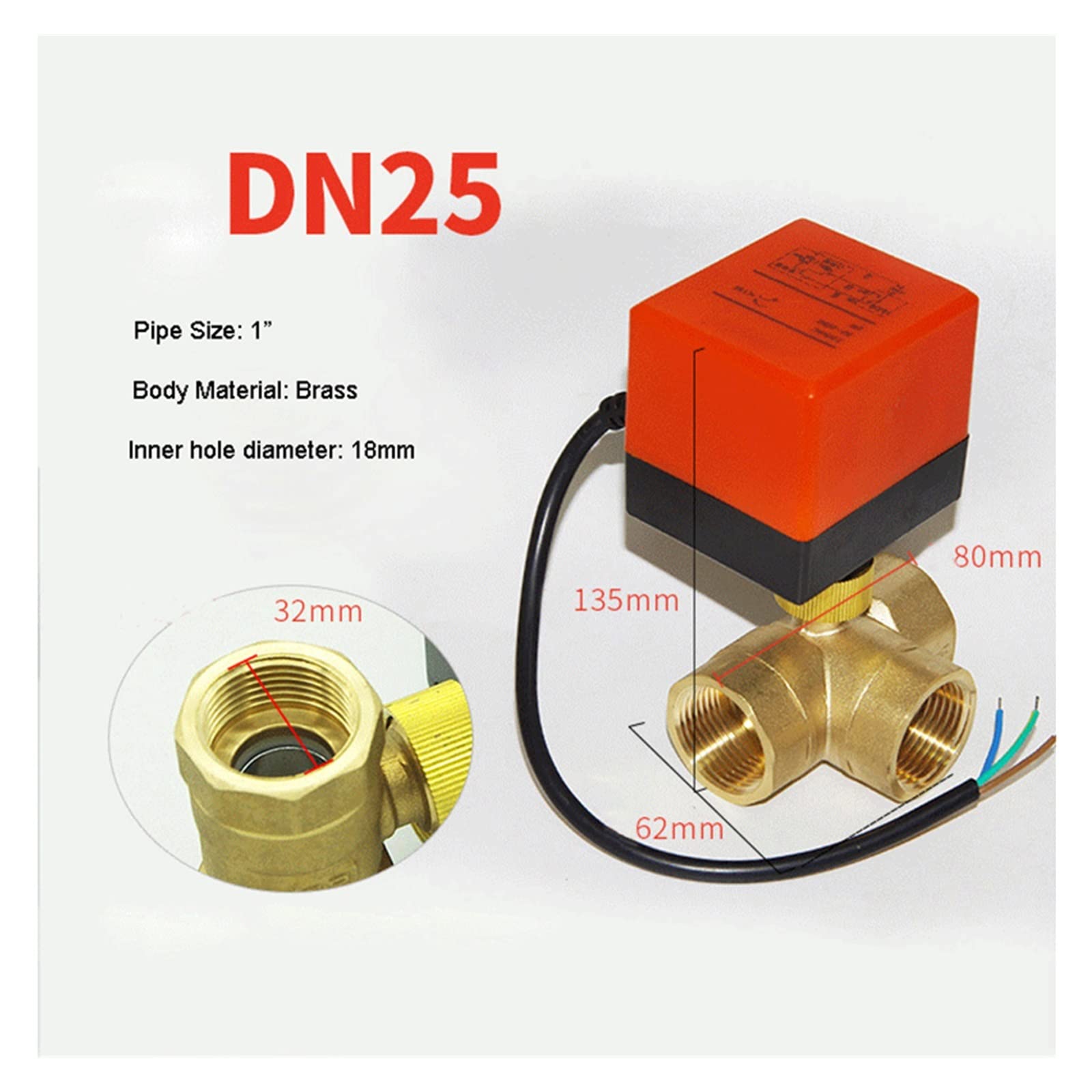 Vanne à Boisseau sphérique motorisée à 3 Voies, DN15 DN20 DN25 DN40, 220V 12V 24V 3 Fils 2 Commandes vanne à Boisseau sphérique électrique en Laiton (Size : DN20, Color : 220VAC)
