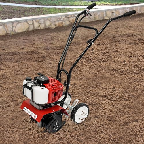Mini Tiller Cultivator?Powerful 52cc Two-Stroke Gasoline Engine,Height Adjustable Wheels Rototiller Tool with Anti-Collision Bar,for Farms, Parks, Gardens, Courtyards