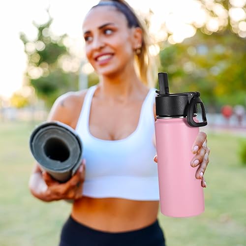 Miniatura 7 de Volhoply Paquete de 4 botellas de agua para niños de 16 onzas, botellas deportivas aisladas con tapa con popote, botella de acero inoxidable con asa