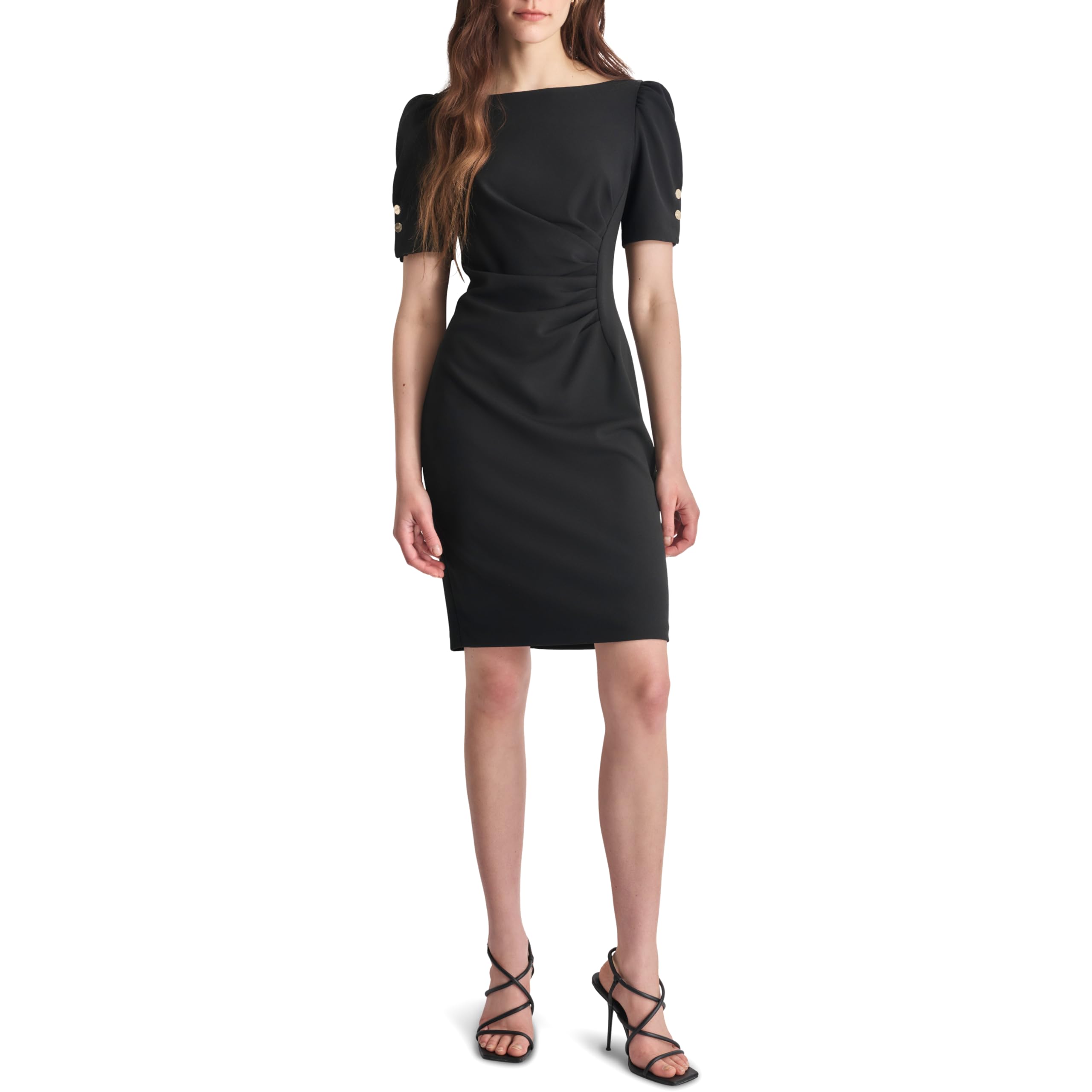 DKNY Women's Short Sleeve Ruched Knee Length Sheath Dress with Button Detail