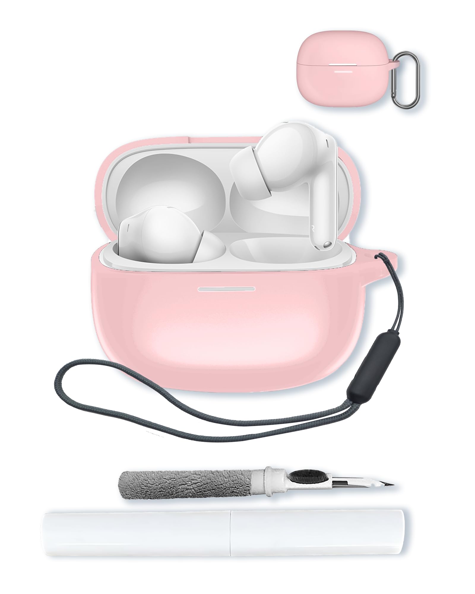 Schutzhülle für Redmi Buds 6 Pro, weicher Schutz, stoßfest, BOVUGAC Silikon-Schutzhülle mit Schlüsselanhänger, Reinigungsset und Umhängeband, Rosa