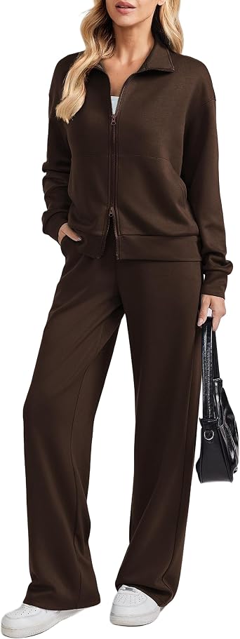 PINSPARK 2 Piece Sets for Women Two-Way Zip Top Wide Leg Pants Tracksuit