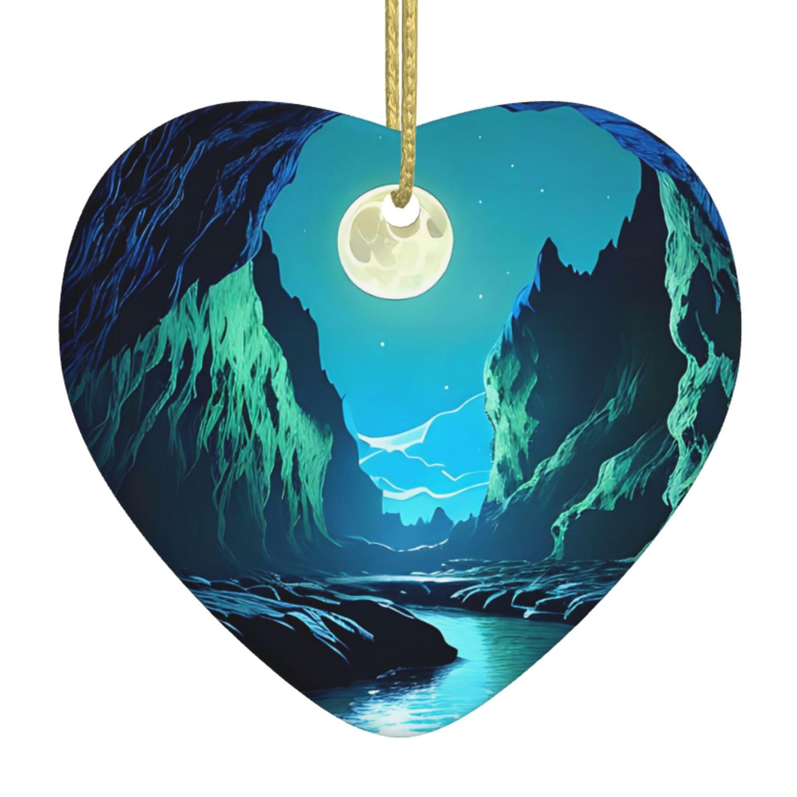 Water Moon Cave Ceramic Christmas Heart Pendant with Silk Thread, Christmas Tree Home Decoration