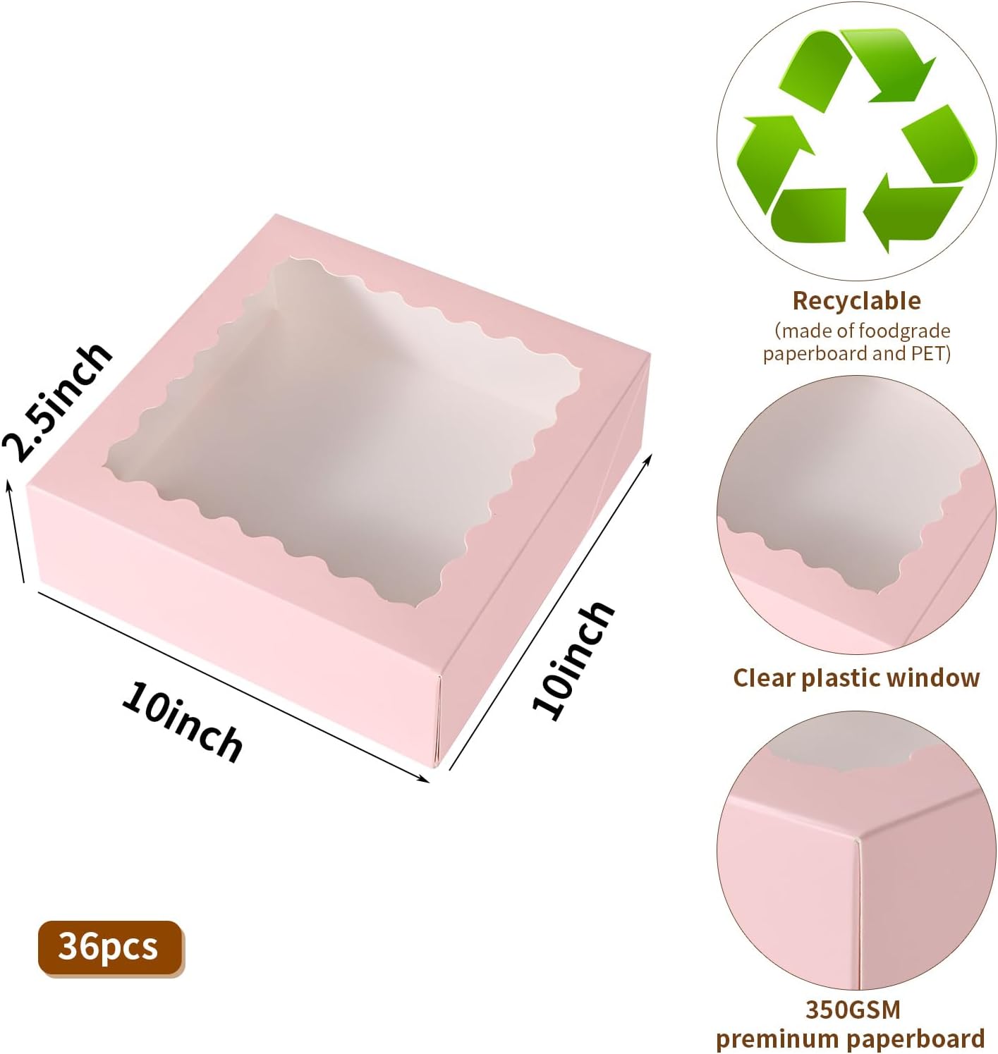36 pcs 10x10x2.5 Inches Pink Bakery Boxes with Window, Cake Pastry Cookie Boxes, Mini Pie for Pastry box,Dessert,Strawberries,Chocolates (Pink, 10x10x2.5inch/36pcs) image 2