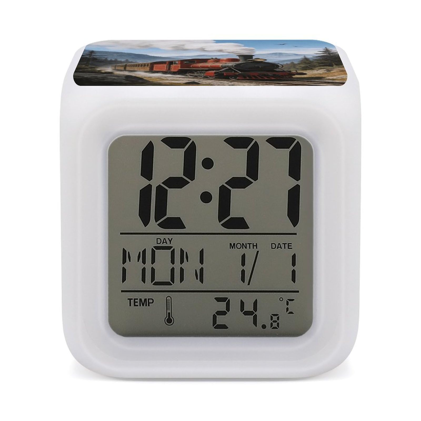 LZQPOEAS Train Alarm Clock with 7 Color Changing Nightlight for Bedroom Calendar Temperature Display Wake Up Digital Clock Small Desk Clocks for Heavy Sleepers Adults