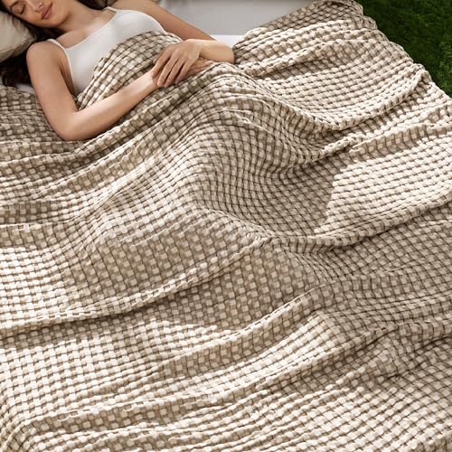 Image of Bedsure Cooling Waffle Full Size Blanket - Lightweight Cotton Blanket for Hot Sleepers, Luxury Throws for Bed, Couch and Sofa, Khaki, 80x90 Inches