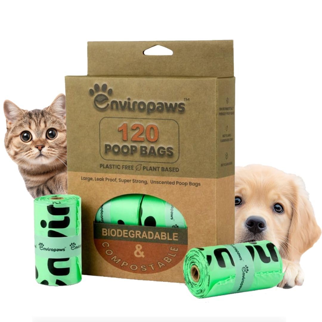 Enviropaws Biodegradable & Compostable Cat Poop Bags - 120 Dog & Cat Litter Bags (8 Rolls of 15 Bags) for Cat Waste - Leak Proof; Super Strong; Unscented; Extra Thick & Large Dog Poop Bags