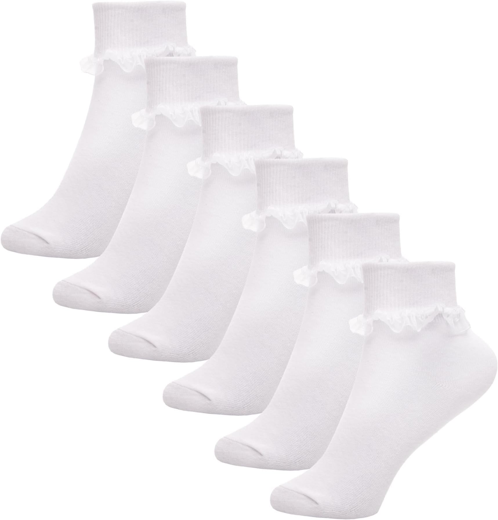 Girls Frilly Lace Ankle Socks Pack of 6 White Cotton Socks with Delicate Lace Trim Perfect for Dressing up School Parties and Everyday Wear Durable and Soft Material
