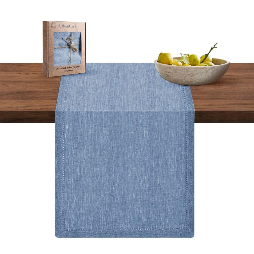 CottonCove Pure Linen Table Runner 33x182 cm - Soft Durable Washable - Farmhouse Table Runners for Everyday Use Weddings Holidays Christmas - 13x72 inch Rustic Vintage Dining Table Runner Light Blue