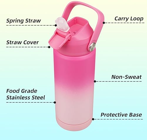 Miniatura 4 de Botella de agua aislada con tapa de pajilla, botella de metal al vacío de acero inoxidable de 18 onzas con mango de silicona, flor de cerezo