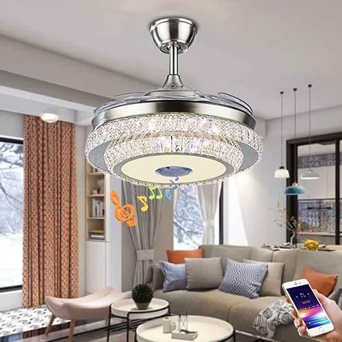 mfanchan Fandelier de 42 pulgadas con altavoz Bluetooth, candelabro con ventilador, ventiladores de techo de cristal inteligentes con luces y