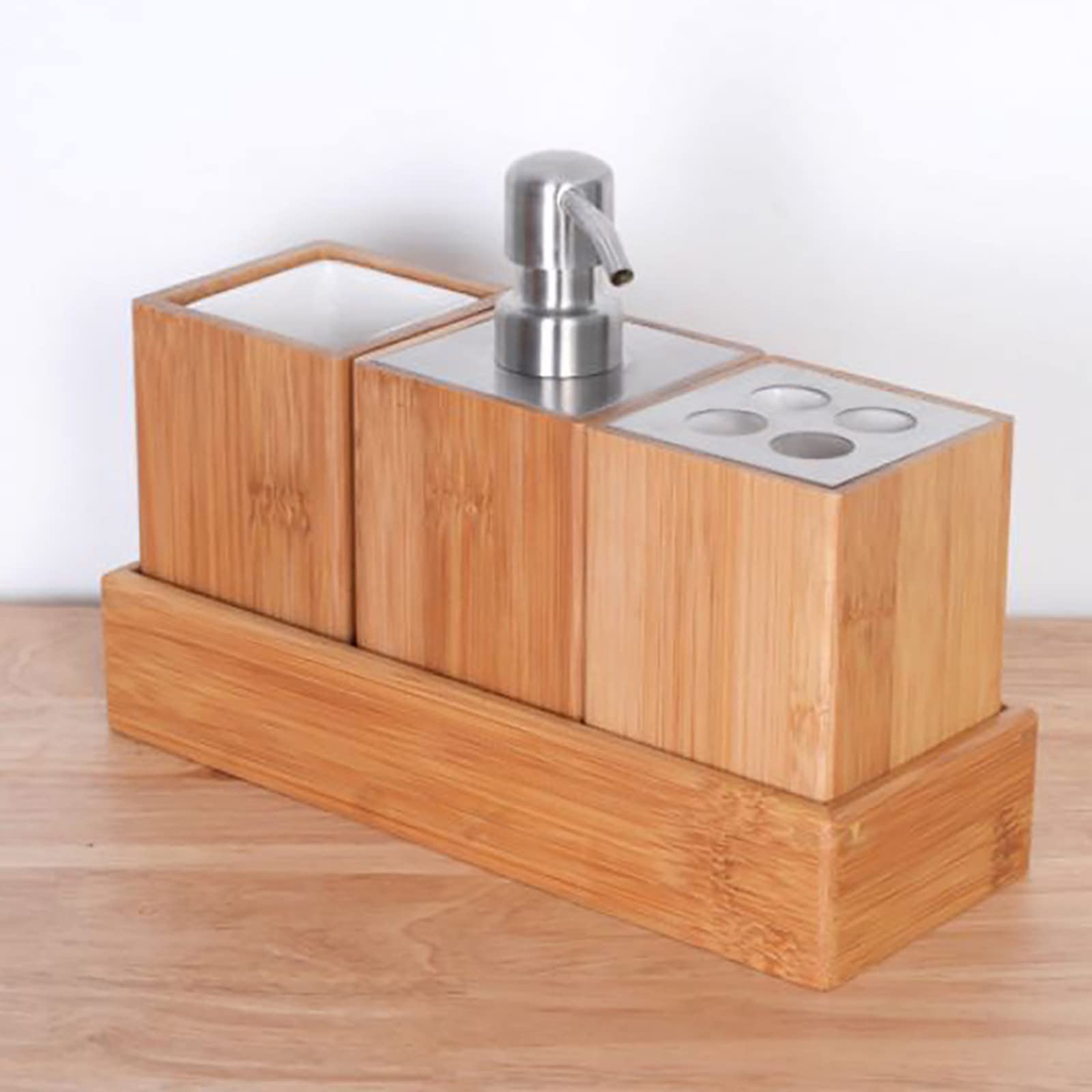 Juegos de Accesorios de Baño, Simple Madera Acesorios Cuartos de Baño 3 Piezas con Dispensador Jabon Baño Porta Cepillo de Dientes Bandeja, Multifuncional para Champú