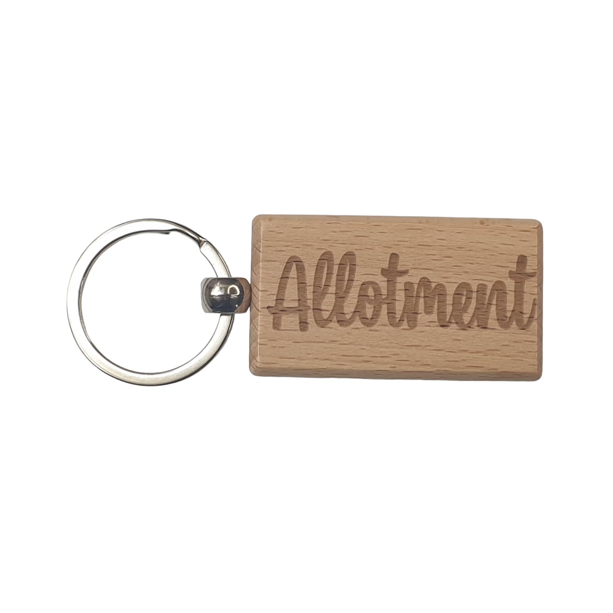 Decalarama Brown Allotment Keyring Gift - Any Name Key Ring - Nice Cute Engraved Wooden Key Fob Novelty Custom Gardening Present