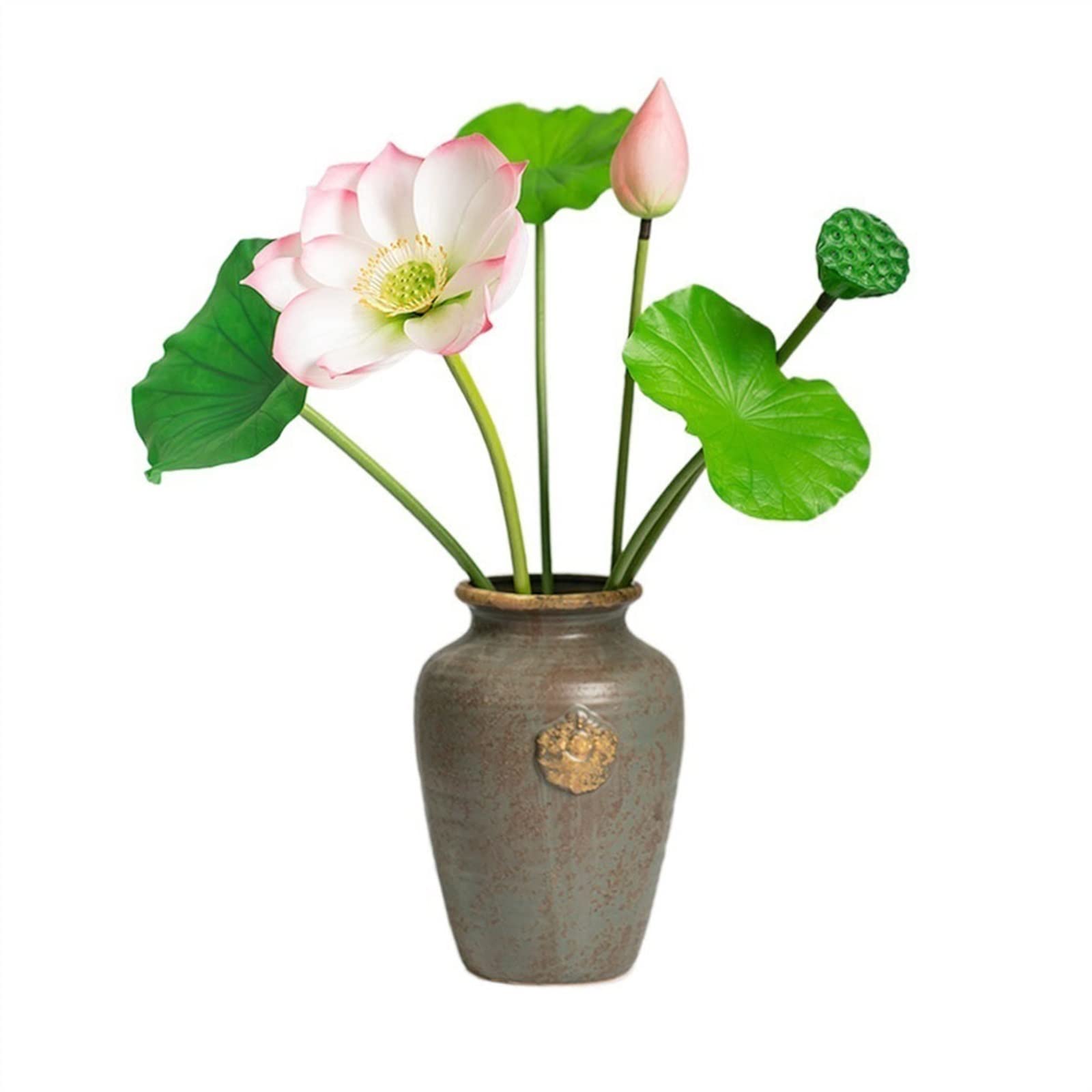 MYUYEE Artificial Flowers Pu Simulation Lotus Chinese Zen Ornaments Lotus Leaves Fake Flowers Decorative Artificial Plants With Ceramic Vase Decoration Bouquets(A-B)