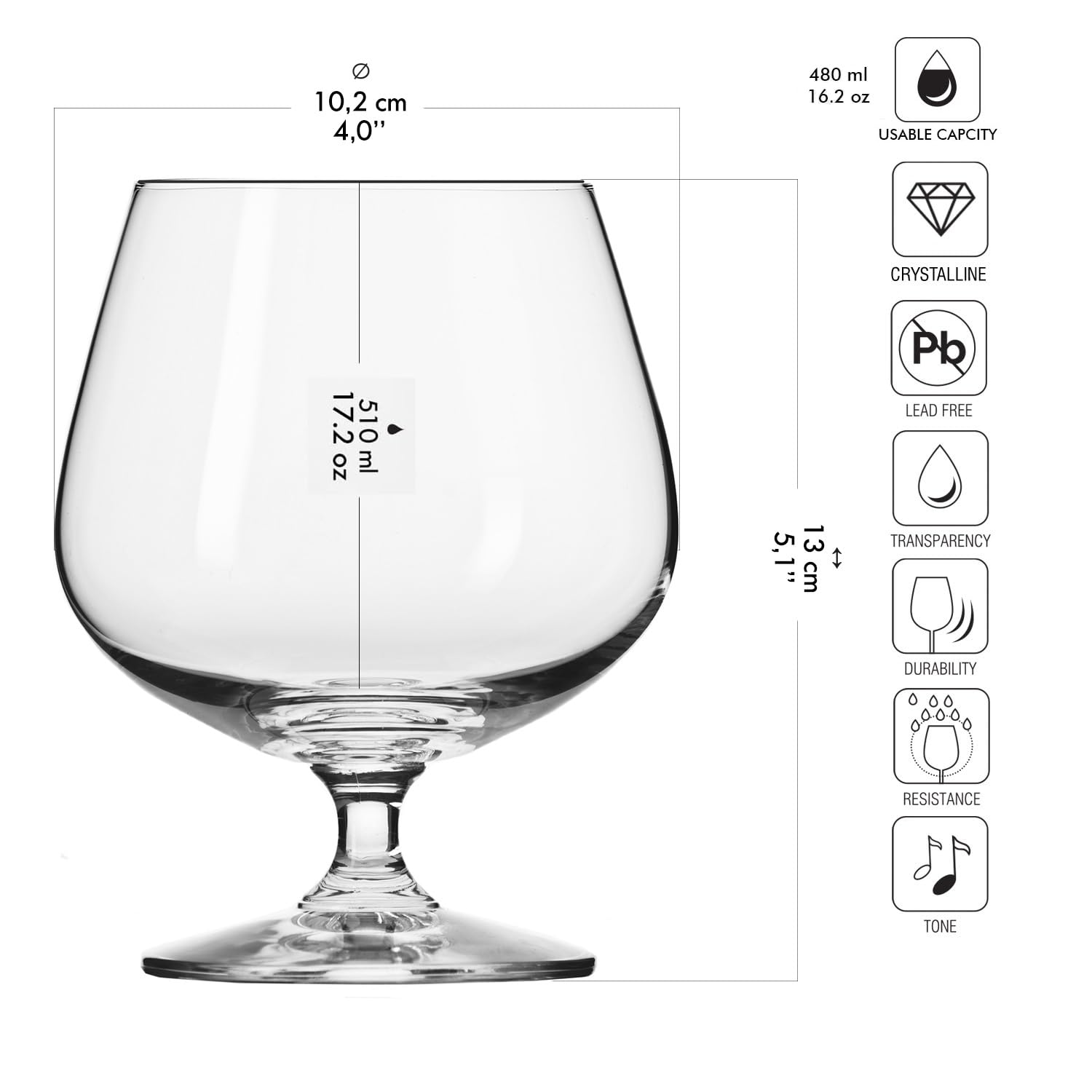 Krosno Brandy-, Cognac- und Whiskygläser Balance, 6er Set, 510 ml | Bleifreies Kristallglas mit großem Snifter-Kelch für Brandy, Cognac, Whisky und Premium-Spirituosen, spülmaschinenfest