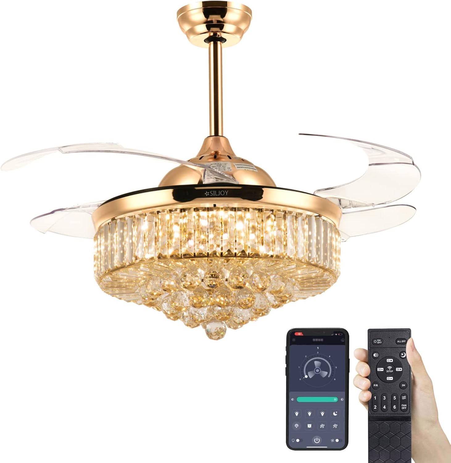 Siljoy 48 Inch Modern Crystal Ceiling Fan with Light installed in a bedroom