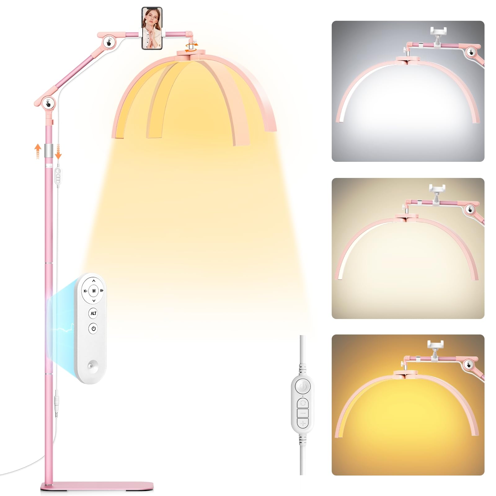 Adonafy Half Moon Lash Light: 28in Half Moon Lamp for Lash Extensions with Phone Holder - 3 Color Dimmable & 360° Rotating Eyelash Lamp for Lash Techs Home Salon - Pink