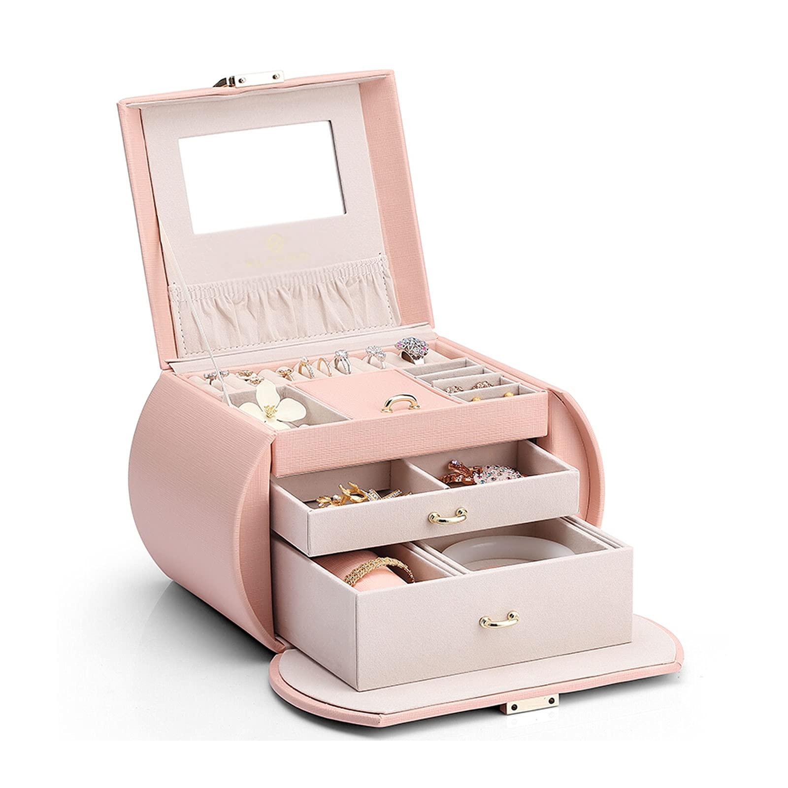 TIANQIHAO Jewelry Box Pink Jewelry Organizer Box Pu Leather Jewelry Organizer 3 Layers Storage Display Case With Drawers For Earrings Necklaces Rings Bracelets Storage Box