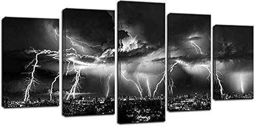 Biuteawal - Arte de pared de ciudad en blanco y negro, pintura de relámpago en las nubes, pintura sobre lienzo de tormenta, paisaje urbano, para
