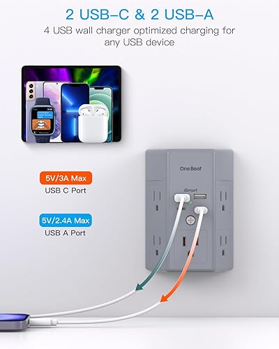 Multi Plug Outlet, Surge Protector, 5 Outlet Extender with 4 USB Charging Ports (2 USB C), USB C Wall Charger, 3-Sided 1800J Power Strip Outlets Splitter Wall Plug Adapter Spaced for Dorm Home Office(Grey,2A2C- 1 Pack)