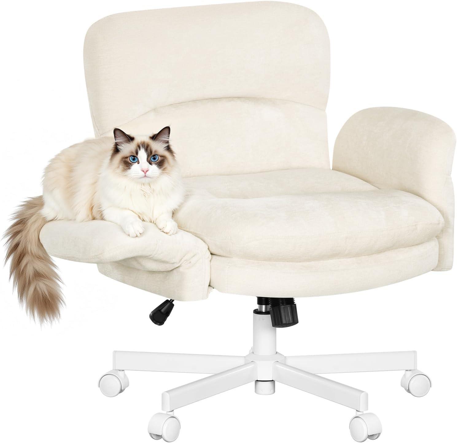 WOLTU Homeoffice Stuhl, Schreibtischstuhl mit 5-stufig verstellbaren Armlehnen, Bürosessel mit Sitzkissen &amp; Seitentaschen, Chenille-Drehstuhl höhenverstellbar, für Wohnzimmer Arbeitszimmer, Beige