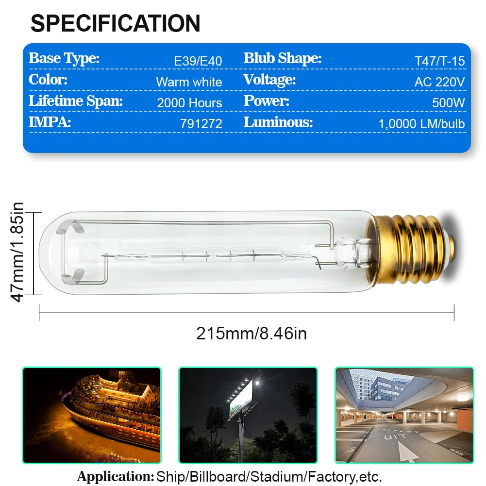 SOFOPC 500W 791272 Röhrenförmige Halogenlampe T47 E39/E40 Sockel 10000LM Warmweiß Suchscheinwerfer für Marine, Lagerhalle, Garage, Platz 220V 1 Stück