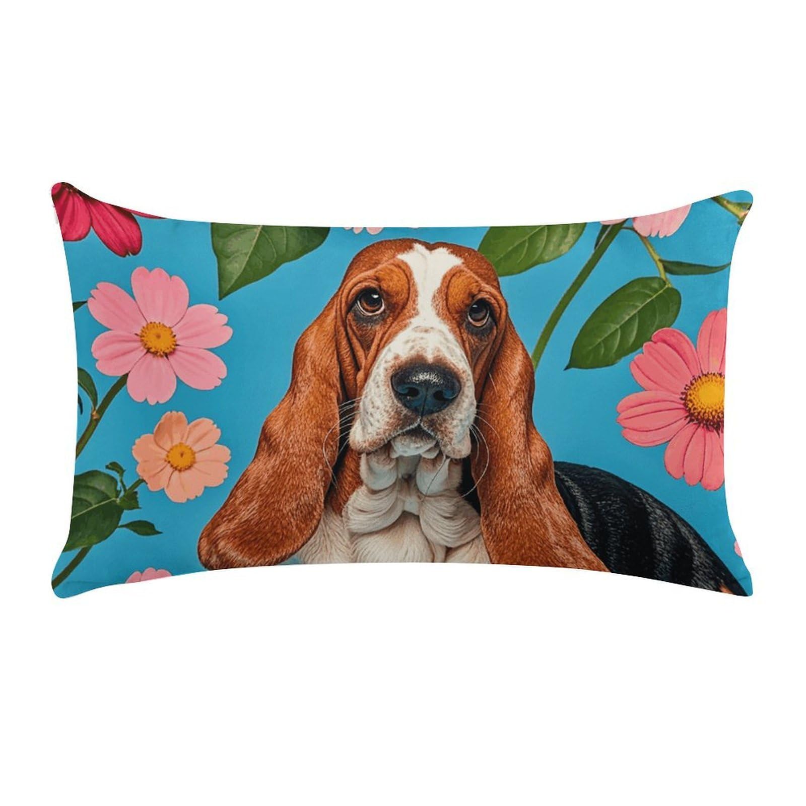 Sweet Basset Hound Florals Pillow Cases for Sofa, Super Soft Plush Pillow Cover with Zipper, Luxury Cozy Pillow Shams for All Seasons, Lightweight Pillowcases for Bedroom, 12" X 20"