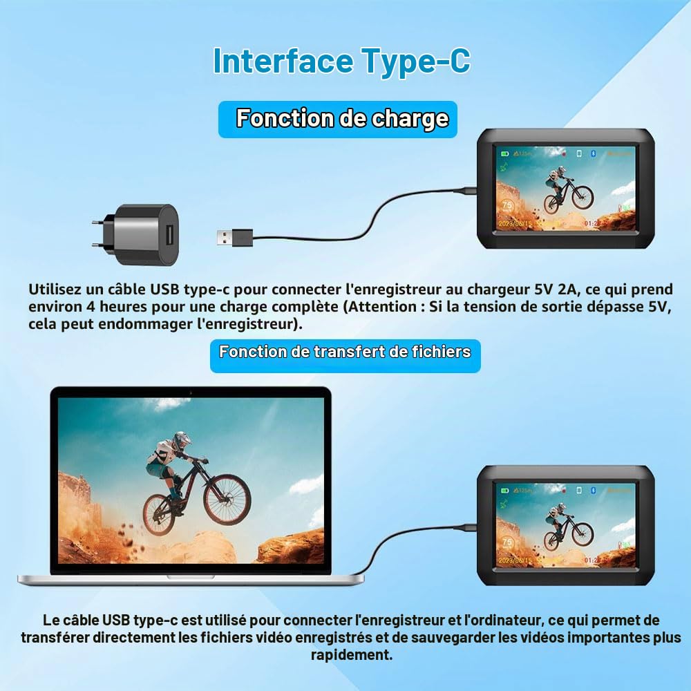 VSYSTO Caméra de recul pour vélo, rétroviseur de Guidon pour vélo, écran 4'' WiFi HD 1080P Caméra Avant et arrière DVR avec TPMS GPS Bluetooth Mode Téléphone Capteur de température (Bike-F3K)