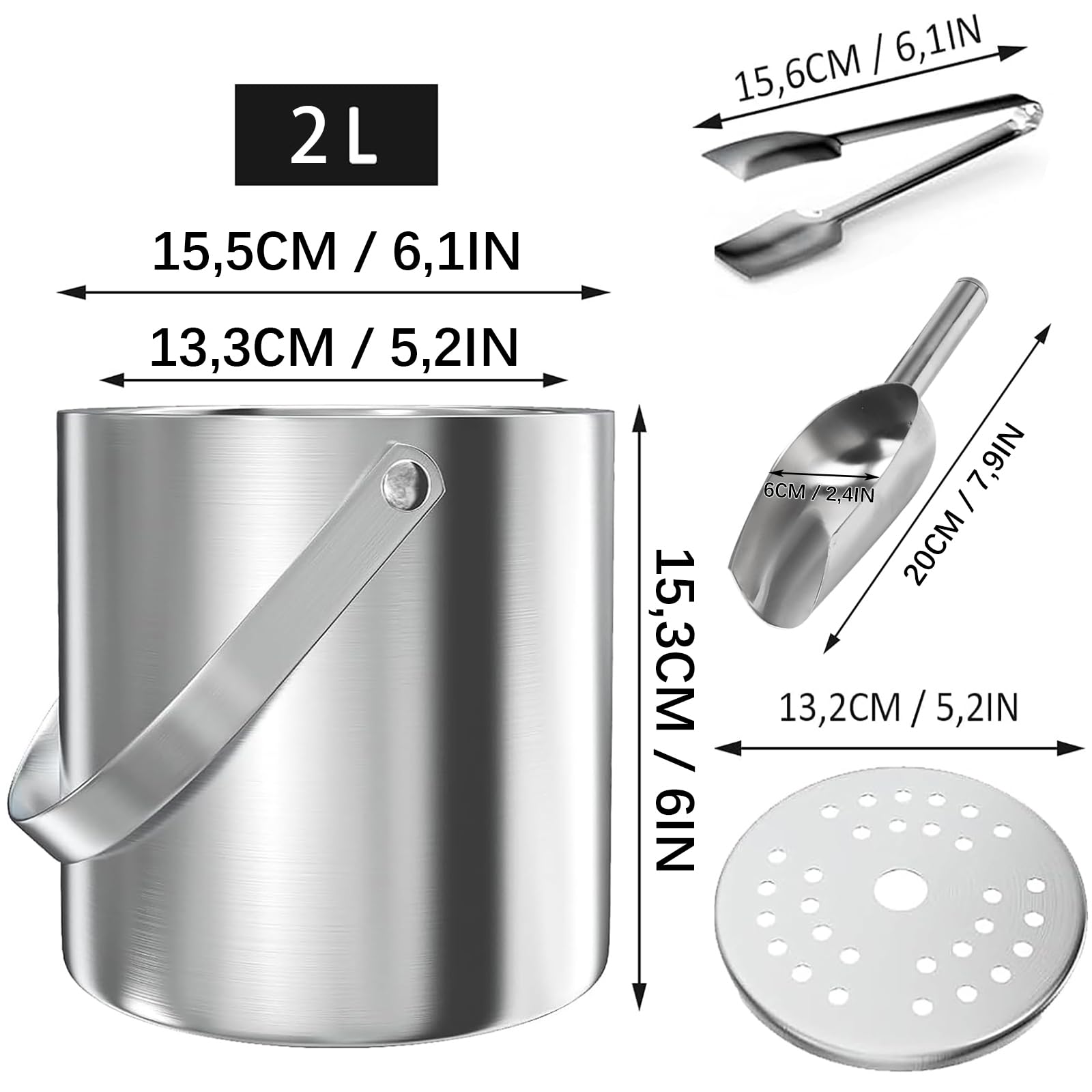 Bac à glaçons rond avec tamis et pince à glace, bac à glaçons de 2 l, seau à glace en acier inoxydable, seau à glace avec pelle, refroidisseur à glaçons pour bar, pour refroidir la bière, le champagne