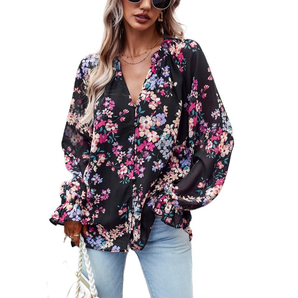 Longbluse Damen,Damenbluse, Langärmelige Hemden, Vintage-Stil, Schwarz, V-Ausschnitt, Knöpfe, Blumendruck, Elegante Strickjacke, Jacke, Lockeres Freizeithemd, Modisches Boho-Hemd