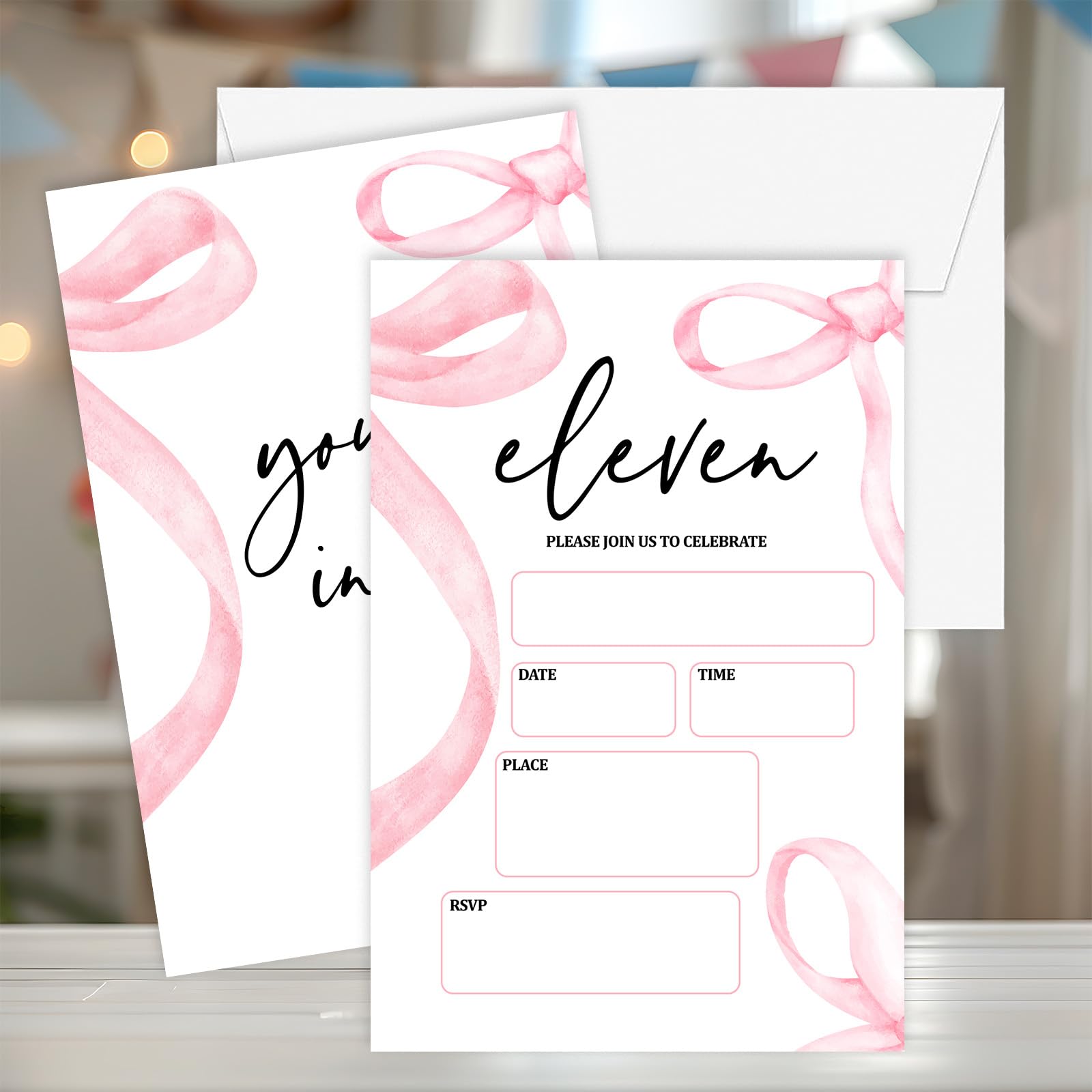 Birthday Invitations Girl, 20 Double-Sided 11th Birthday Invites with Envelopes, Pink Bow Party Decorations Supplies Favors - B03