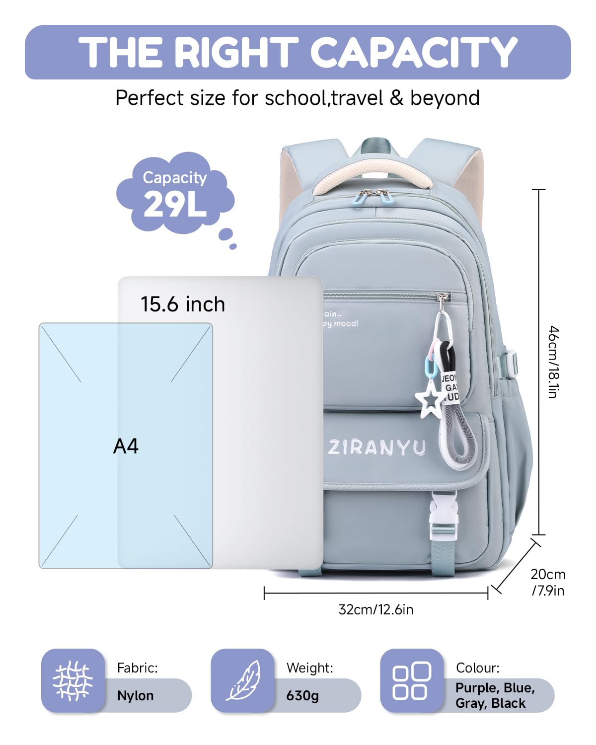 Amythe Mochila Escolar Niña - Mochila Colegio Niña para Instituto y Secundaria Ligera, Mochilas Adolescentes Chicas con Bolsillo Portátil 15,6" para Viaje - Apta para Carro, Azul