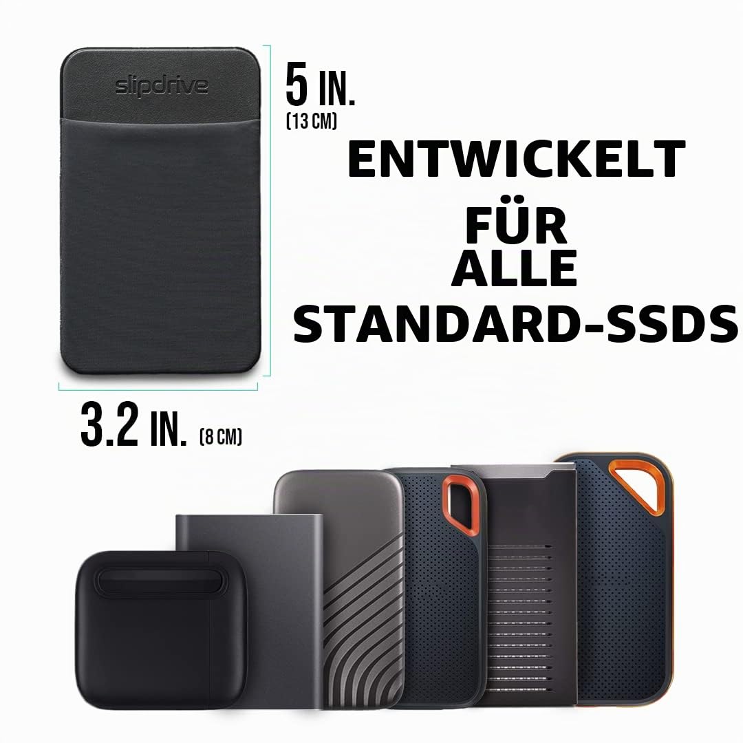 Slipdrive - Tragbare Festplattenhülle für Laptop - SSD Solid State Drive - wiederverwendbarer Kleber - aufklebbare Externe Festplatten-Tragetasche - Pocket Pouch (schwarz)