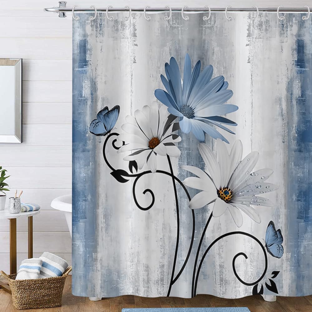 Hnmdmyi Farmhouse Floral Shower Curtain 120x200, Rustic Blue Daisy Flowers and Butterfly on Country Wooden Board Bathroom Curtains Waterproof Polyester Fabric Washable Bath Curtains with Hooks
