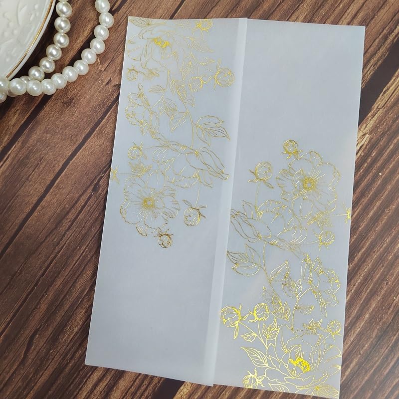 papier do scrapbookingu w stylu vintage, dekoracyjny papier rzemieślniczy, 50 sztuk Piękny wzór róży Przezroczyste koszulki na zaproszenia Kurtka welinowa (kolor: złota folia, 125 x 185 mm) (kolor: zł