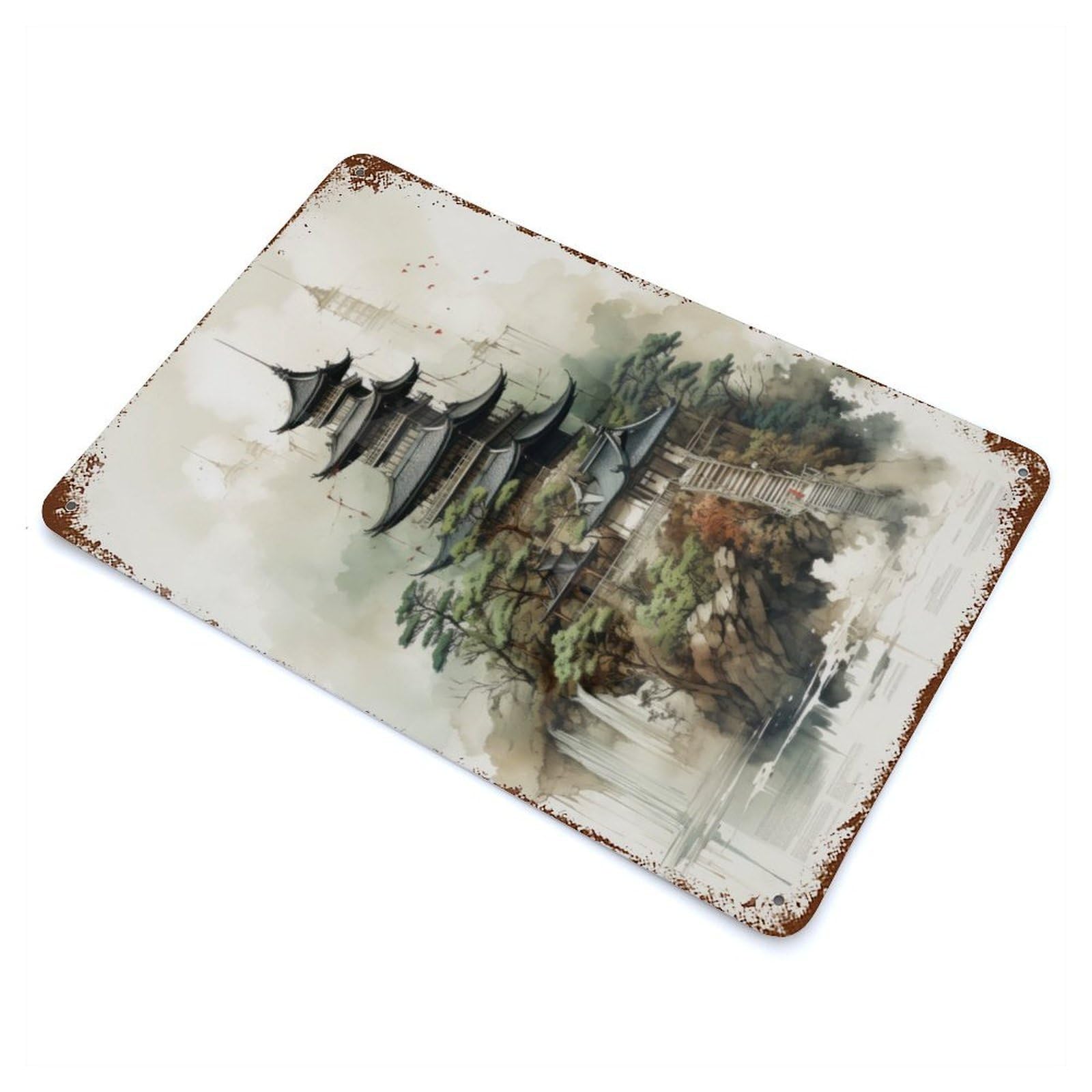 Japan Landscape Rust Effect Tin Sign 11.8"x7.9", Rustic Home Decor for Garage, Bar And Workshop Decor