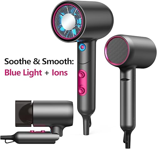 Miniatura 2 de Secador de pelo, secadora de pelo portátil plegable  Cuidado del cuero cabelludo con luz azul iónico, secado rápido, 2 velocidades y aire