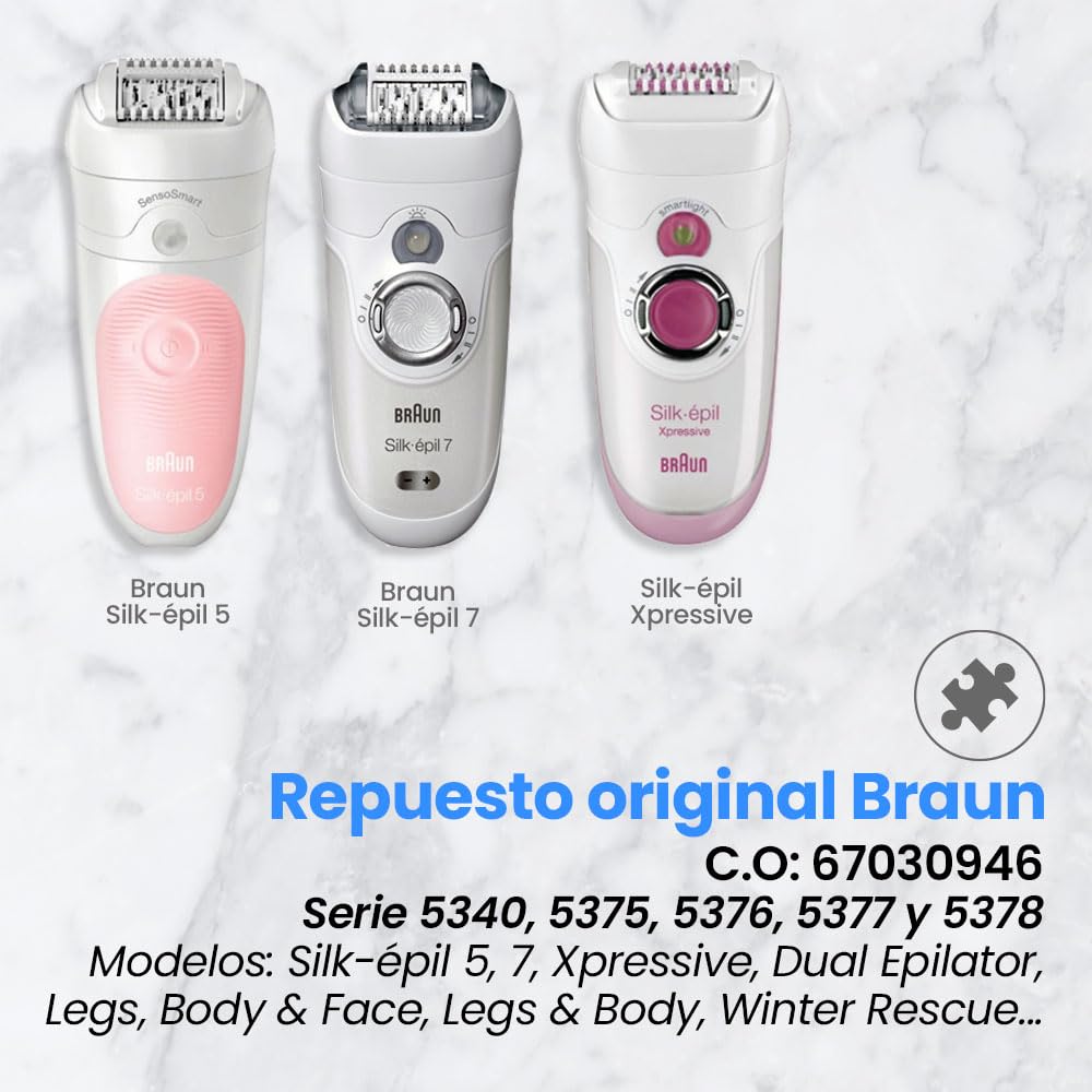 Anakel Home Repuesto Cabezal Depilación 67030946 Compatible con Braun Silkepil 7 Xpressive Pro y Compatible con Braun Silk Epil 5, Color Blanco | Cabezal depilador de acero inoxidable | modelos 5180-5780 7180-7891 | impermeable