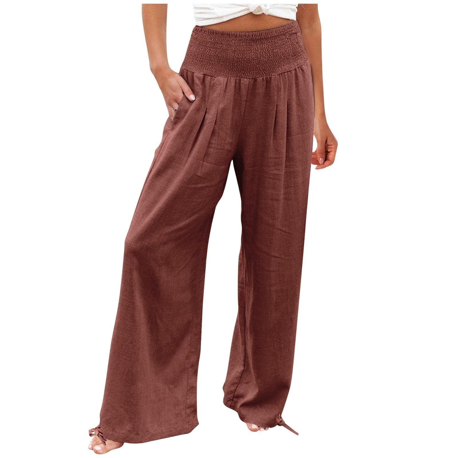 Womens Linen Pants 2026 Summer Beach Vacation Boho Wide Leg Pants Fashion High Waist Casual Flowy Palazzo Trousers — view 8