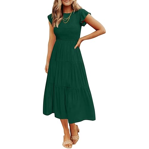 ZESICA Women's 2024 Summer Casual Flutter Short Sleeve Crew Neck Smocked Elastic Waist Tiered Midi Dress