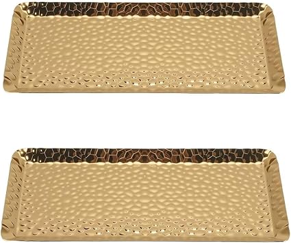 2 Pcs Decorative Tray Stainless Steel Serving Trays Hammered Rectangular 9.8 x 4.3 Inch Dessert Plates Reusable Fruit Stand for Living Room Kitchen Gold