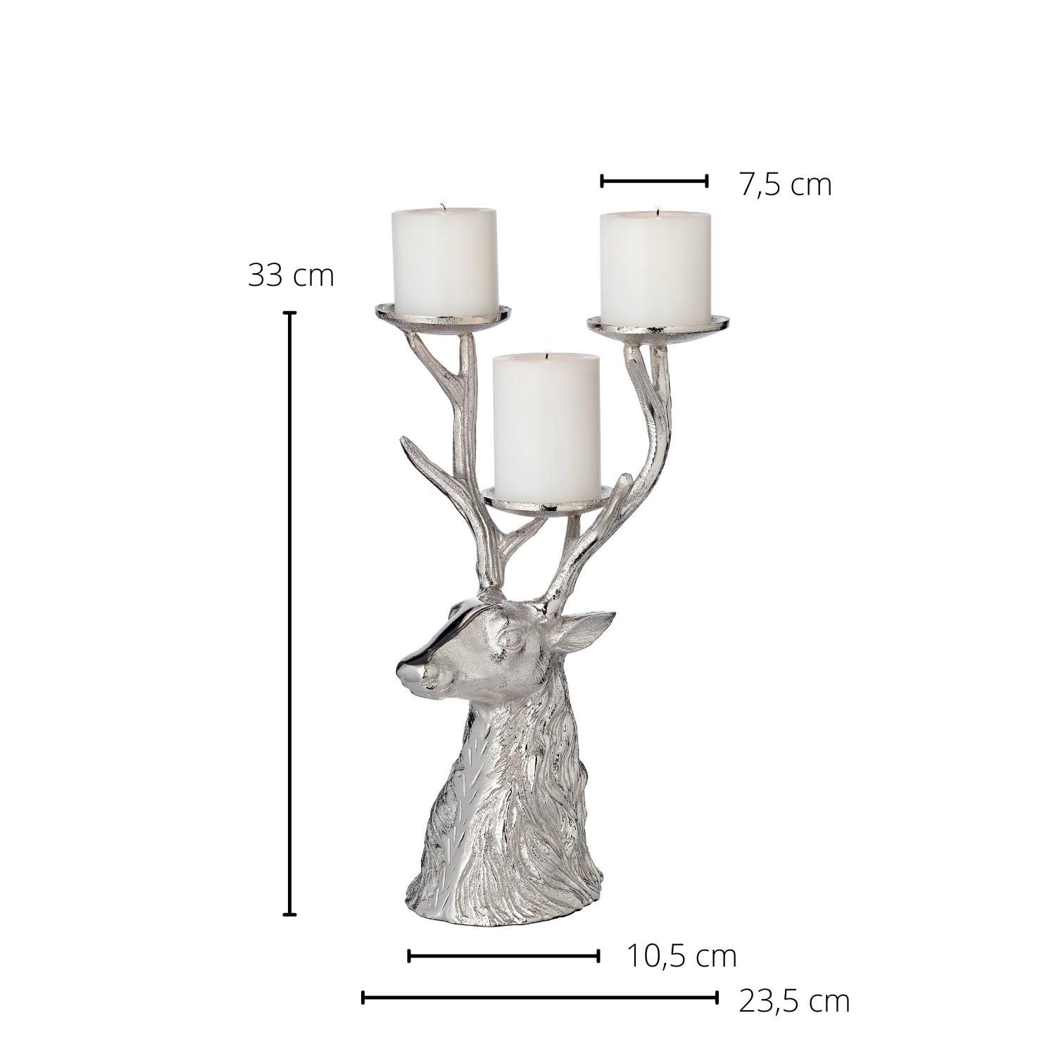 EDZARD Kerzenleuchter Hirsch (H 32,5 cm) Aluminium vernickelt silberfarben, für 3 Stumpenkerzen ø 6 cm - Kerzenhalter, Kerzenständer, Winter Deko, Jagd Deko