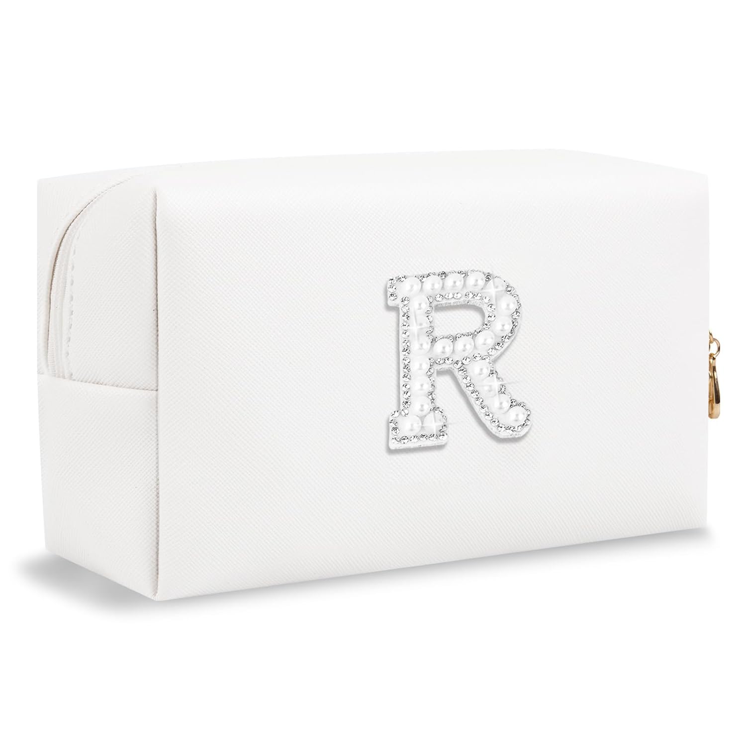 Bride Gifts – Personalized Initial Makeup Bag with Pearl Rhinestone Patch, Preppy White Monogram Cosmetic/Toiletry Pouch, bridesmaid Gifts, Bridal Shower Gifts, Wedding Gifts, Bridal Gifts,R