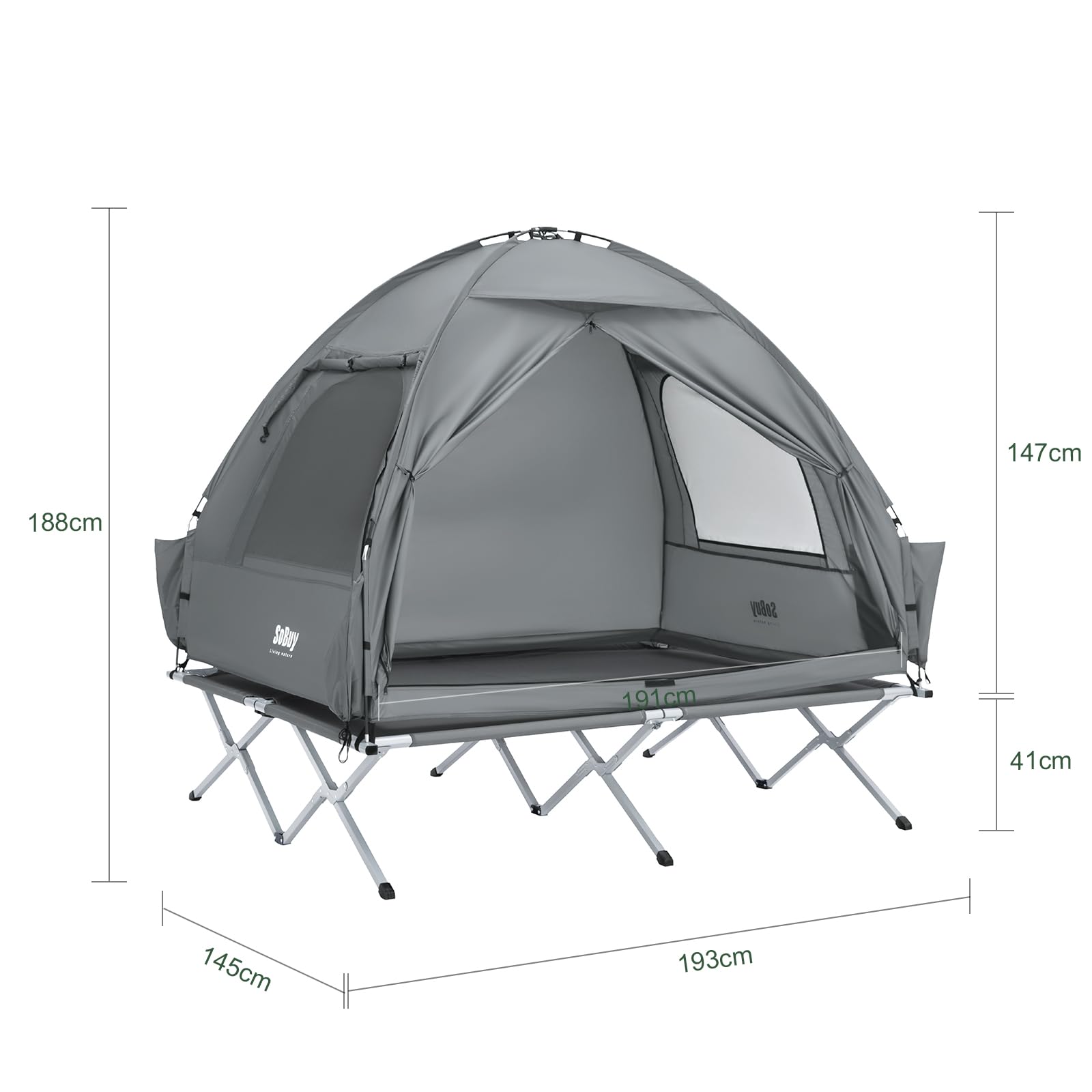 SoBuy Feldbett mit Zelt 2 Personen 4in1 Zelt auf Stelzen mit Rolltasche Wasserdichtes Campingbett Outdoor Campingliege Familienzelt ohne Matratze Angelzelt 193x188x145cm bis 180 kg OGS32-II-L-HG