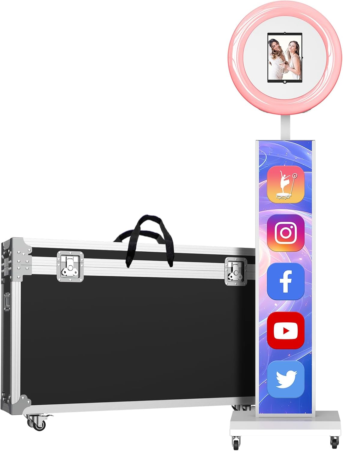MWE Portable Photo Booth Machine Stand Compatible with Any Ipad with Software APP and Remote Control, RGB Ring Lights Music Sync, Free Custom Logo,Flight Case with Wheels (White, Light Box) Light Box White